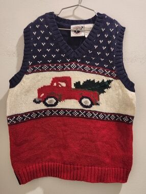 Vintage Baby Boys 3T Red Christmas Truck Knit Sweater Vest